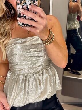 NWT Shimmery Silver Spaghetti Strap Bubble Hem Top